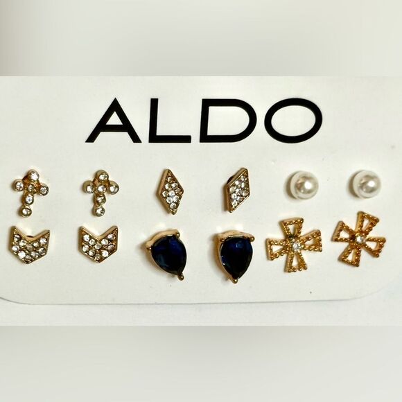 Aldo Gold Color, Pearl, Cross and Blue Earring Set, 6 pairs - Picture 1 of 3